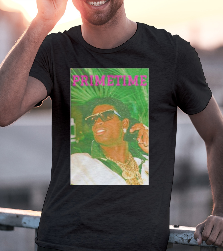 PRIMETIME Deion Sanders Sunglasses Gold Chains Retro Vibe T-Shirt
