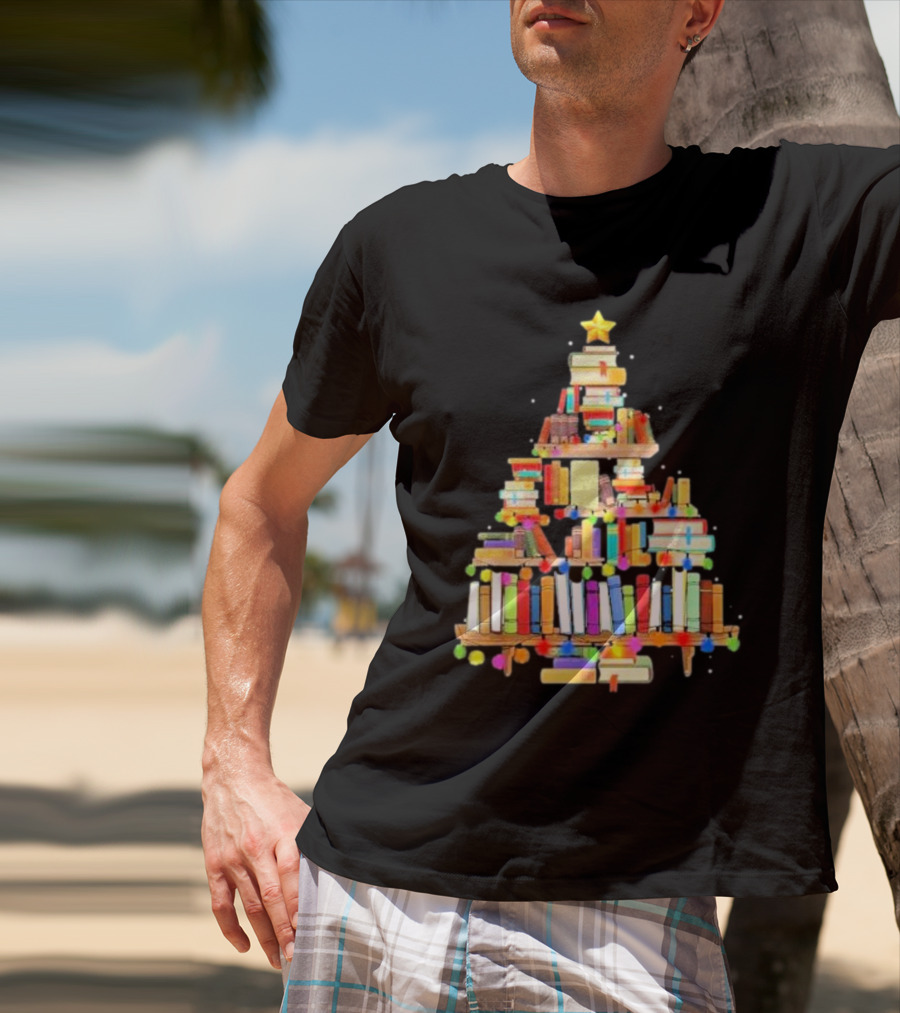 Christmas Tree Made Of Stacked Colorful Books With Star And Lights T-Shirt