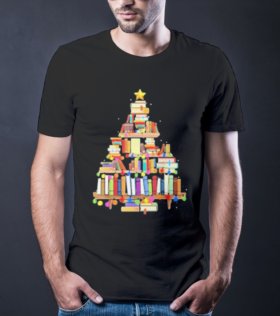 Christmas Tree Made Of Stacked Colorful Books With Star And Lights T-Shirt