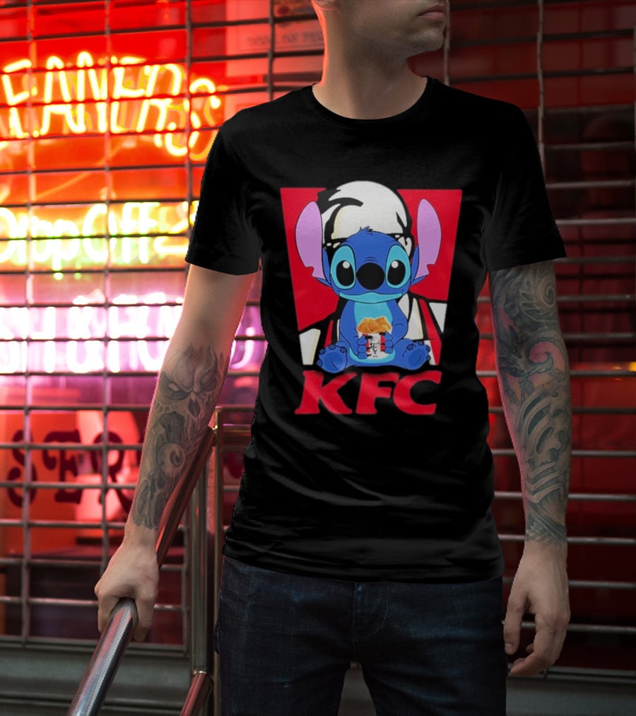 Stitch Eating KFC With Logo Background T-Shirt