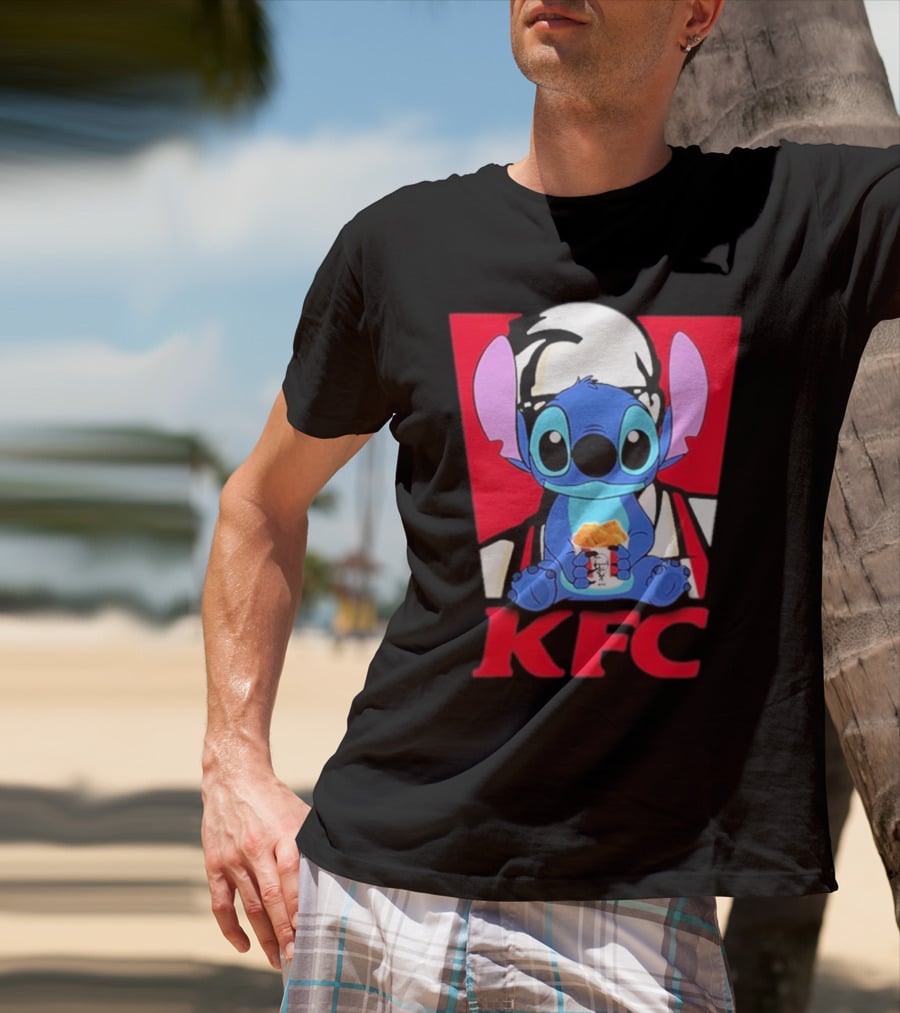 Stitch Eating KFC With Logo Background T-Shirt