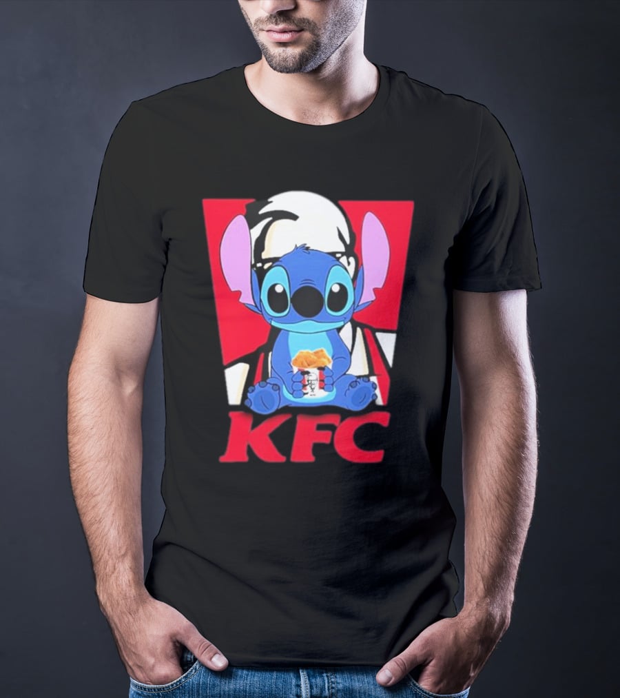 Stitch Eating KFC With Logo Background T-Shirt