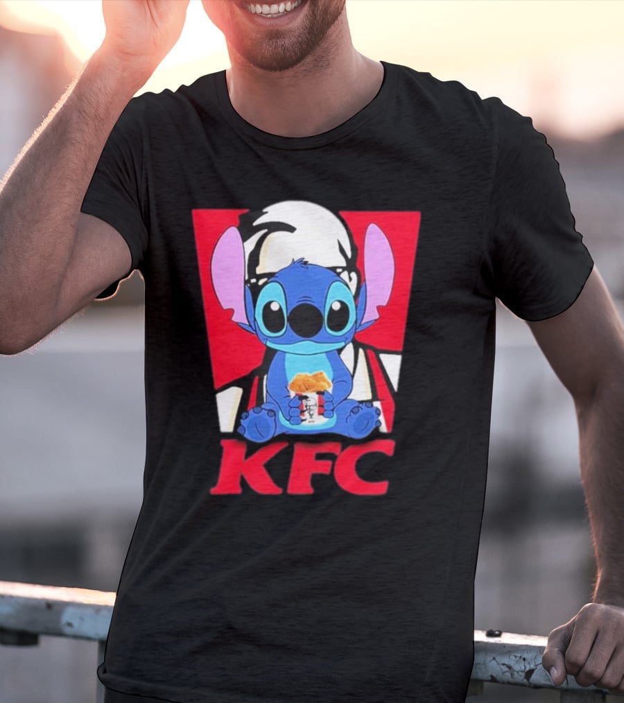 Stitch Eating KFC With Logo Background T-Shirt