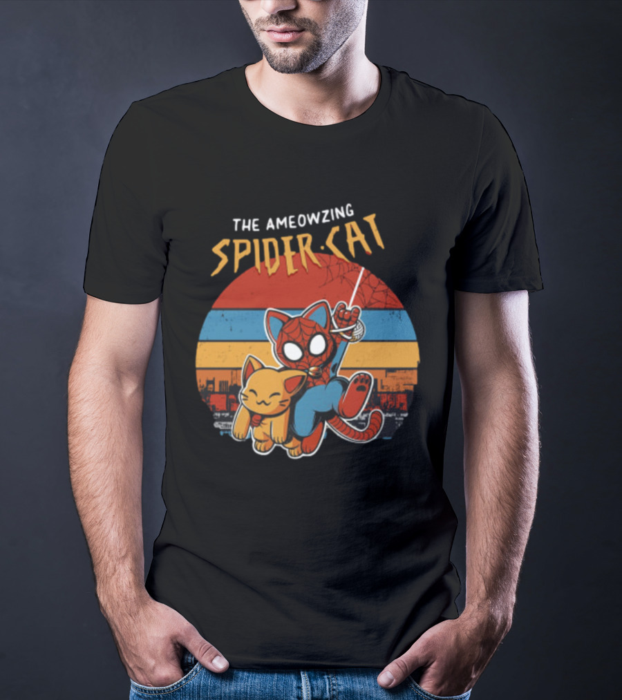 The Ameozing Spider Cat Retro Style Graphic With Web-Slinging Cat Superhero And Orange Cat Companion T-Shirt