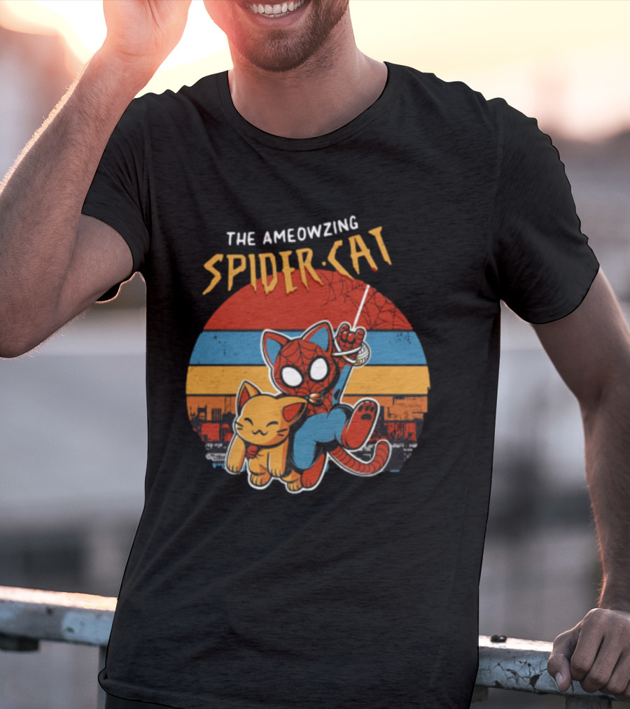 The Ameozing Spider Cat Retro Style Graphic With Web-Slinging Cat Superhero And Orange Cat Companion T-Shirt