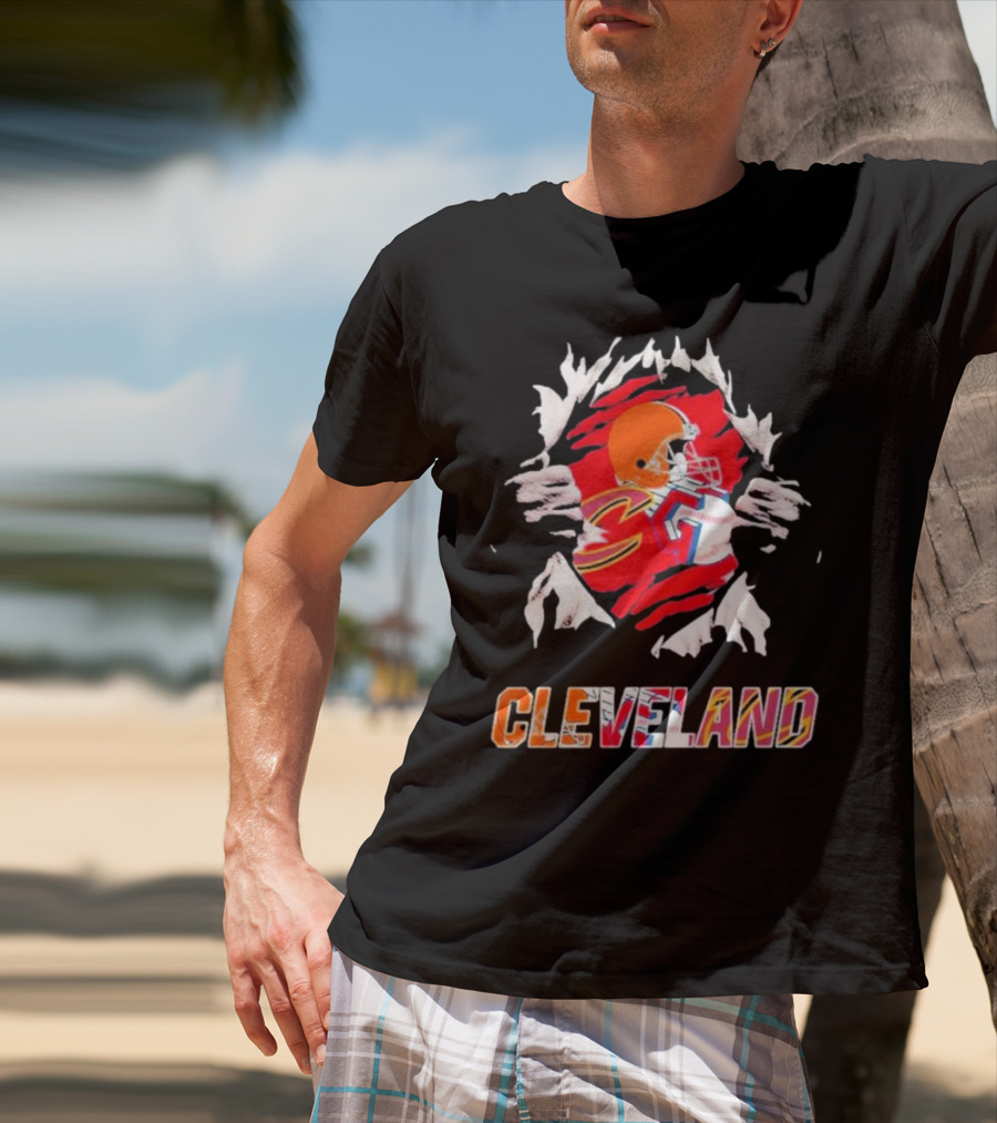 Cleveland Football Helmet And Jersey Inside Torn T-Shirt