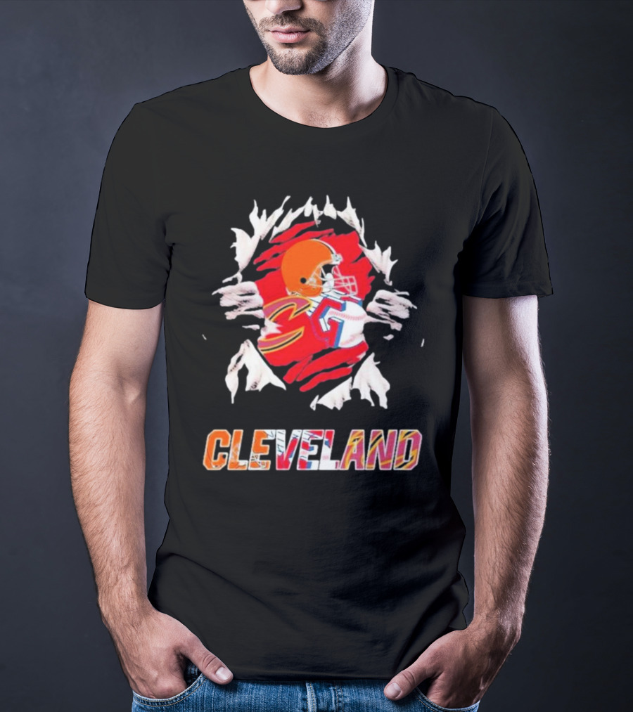 Cleveland Football Helmet And Jersey Inside Torn T-Shirt