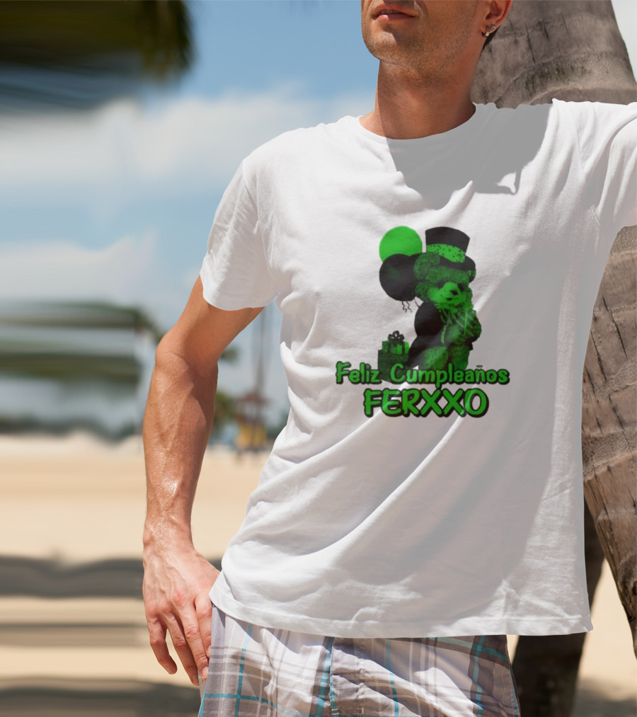 Feliz Cumpleaños Ferxxo Teddy Bear Green Balloons Black Top Hat T-Shirt