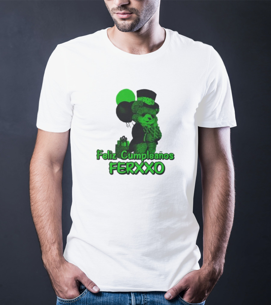 Feliz Cumpleaños Ferxxo Teddy Bear Green Balloons Black Top Hat T-Shirt