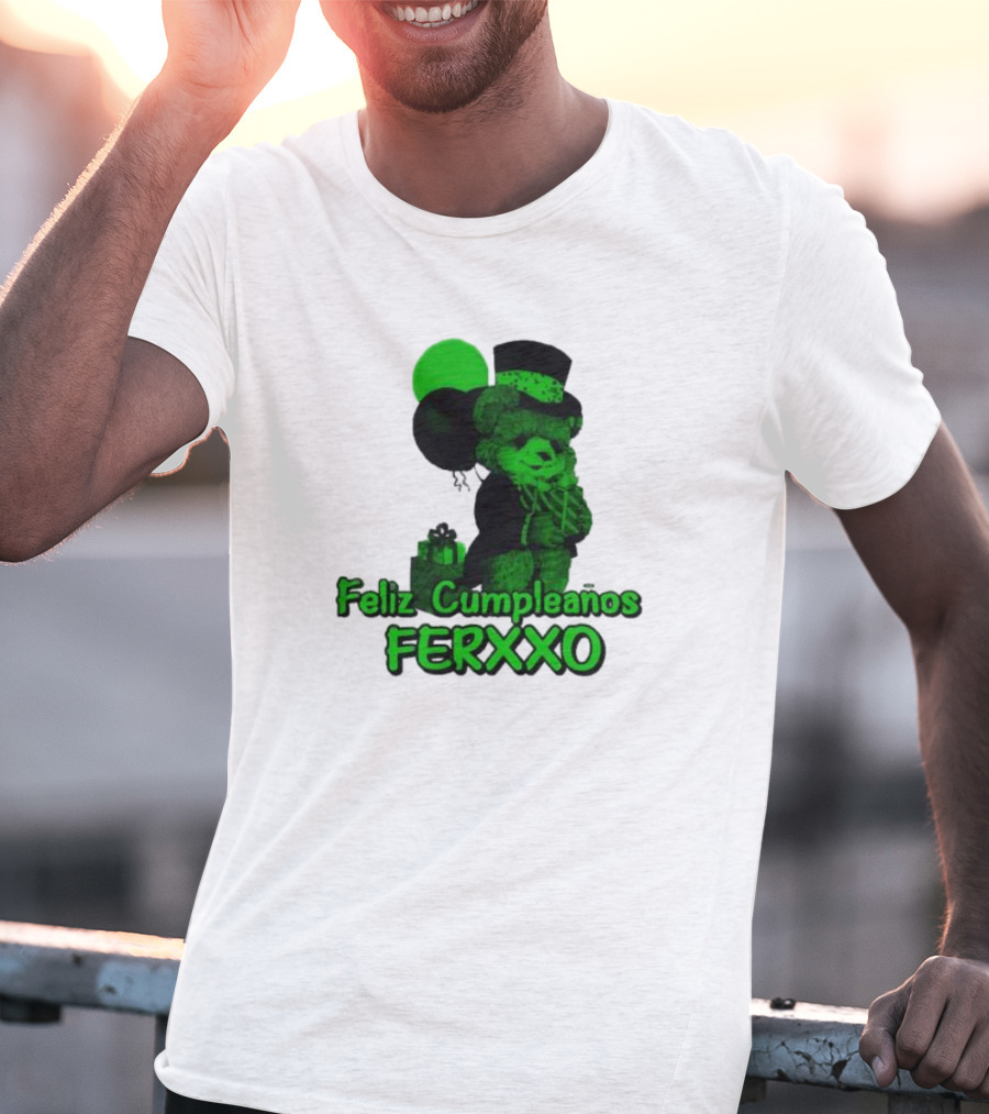 Feliz Cumpleaños Ferxxo Teddy Bear Green Balloons Black Top Hat T-Shirt