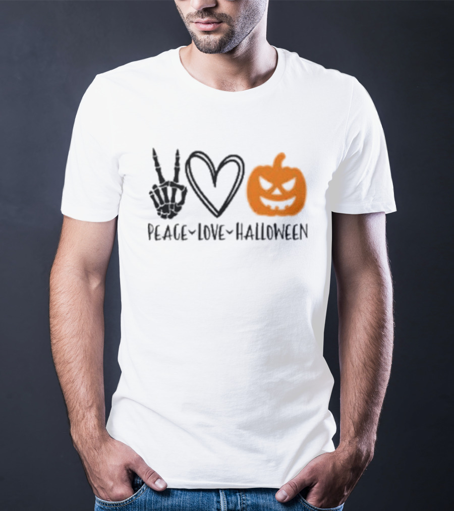 Peace Love Halloween Skeleton Hand Heart Pumpkin T-Shirt