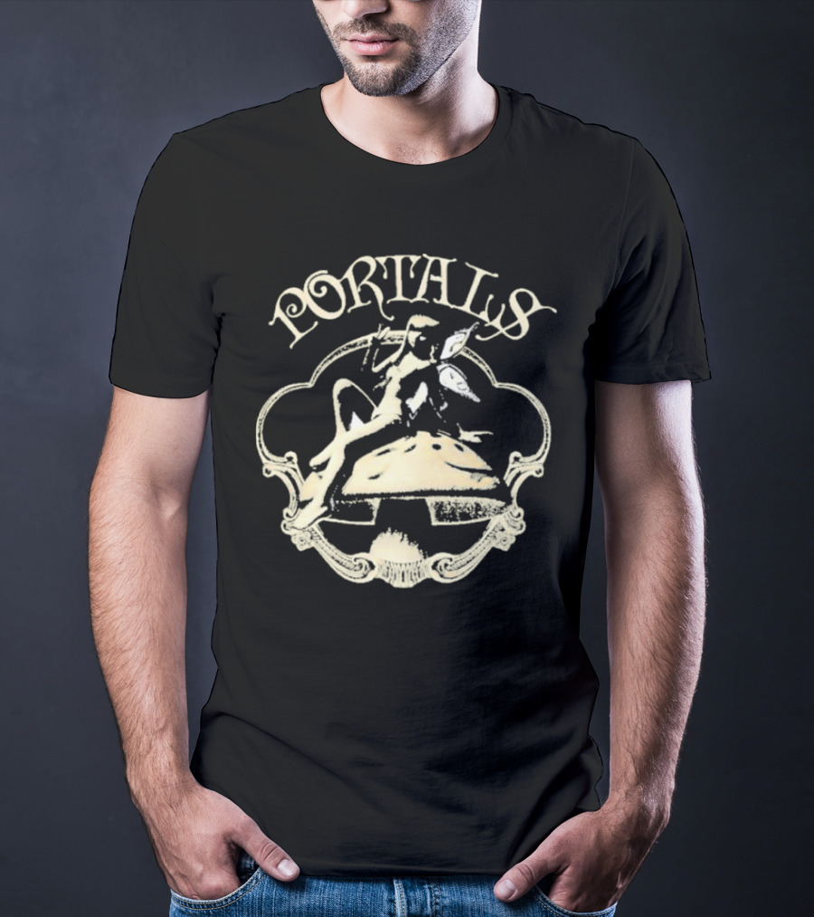 Portals Fairy Sitting On Mushroom With Wings And Scrollwork Elements T-Shirt