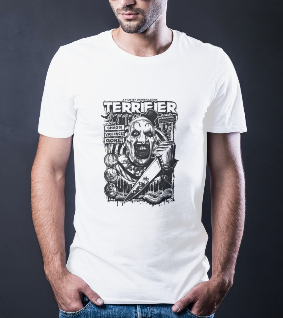 Terrifier Film Cover A Film By Damien Leone Clown Chaos Violence Gore Warning T-Shirt