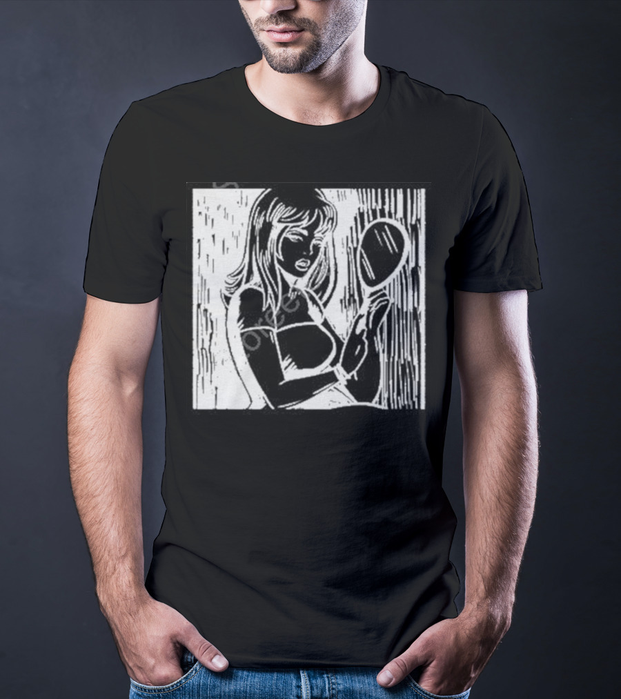 Billie Eilish Store Mirror Art Black And White Line Drawing Woman With Handheld Mirror T-Shirt