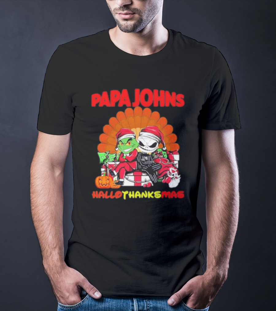 Papa Johns Baby Grinch Baby Jack Skellington HalloThanksMas T-Shirt
