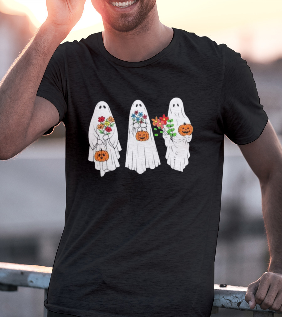 Floral Ghost Pumpkin Halloween Trio With Colorful Bouquet T-Shirt