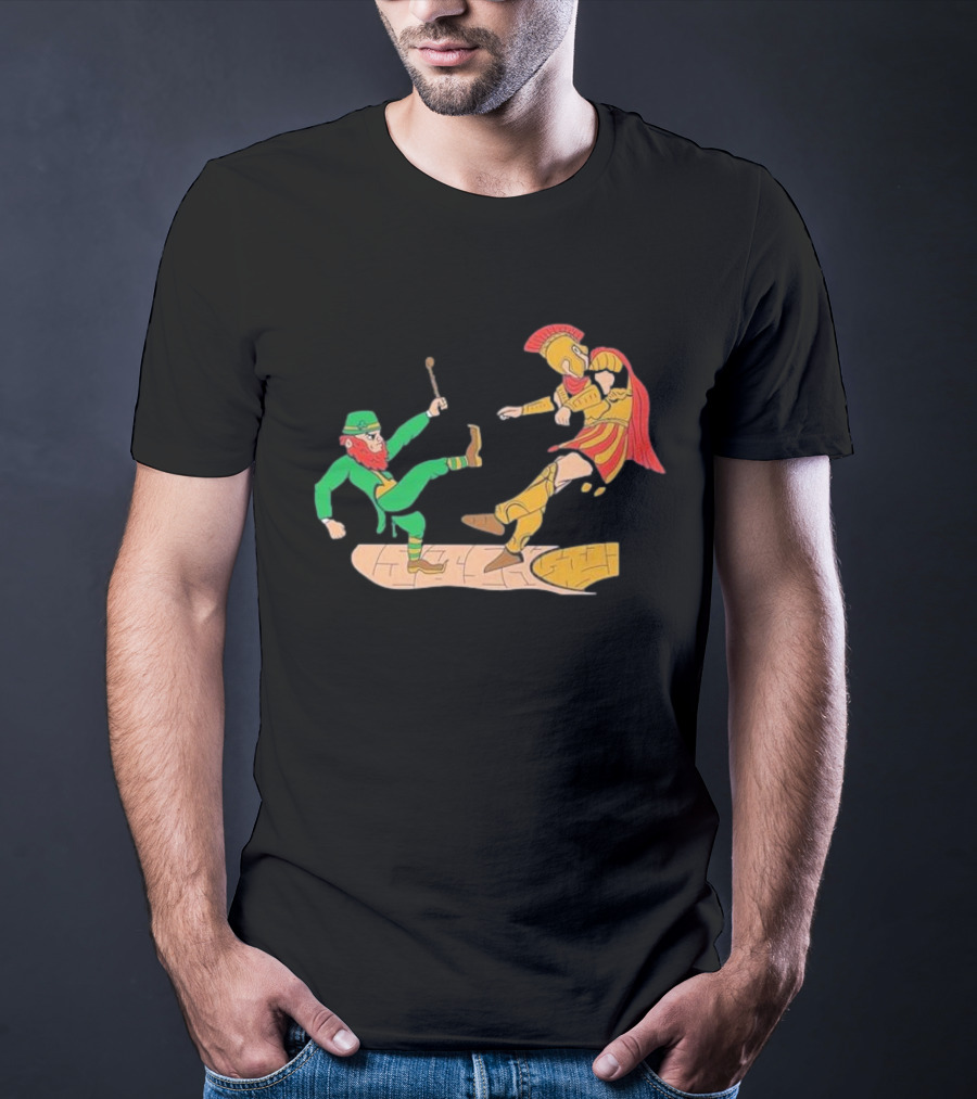 Notre Dame Leprechaun Vs. Trojan Warrior Kick Battle T-Shirt