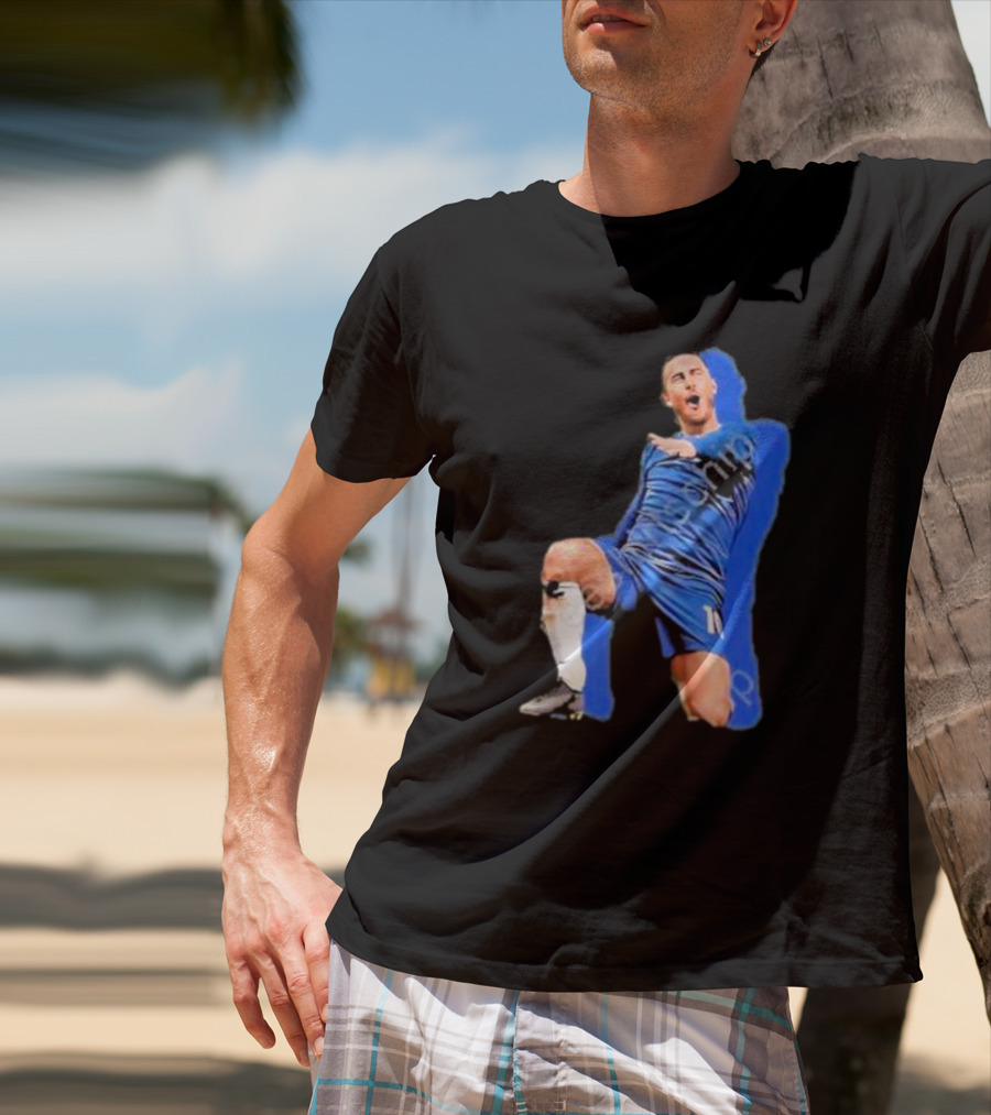 The By Line Show Garden Of Eden Celebration Pose Soccer Player In Blue Jersey T-Shirt