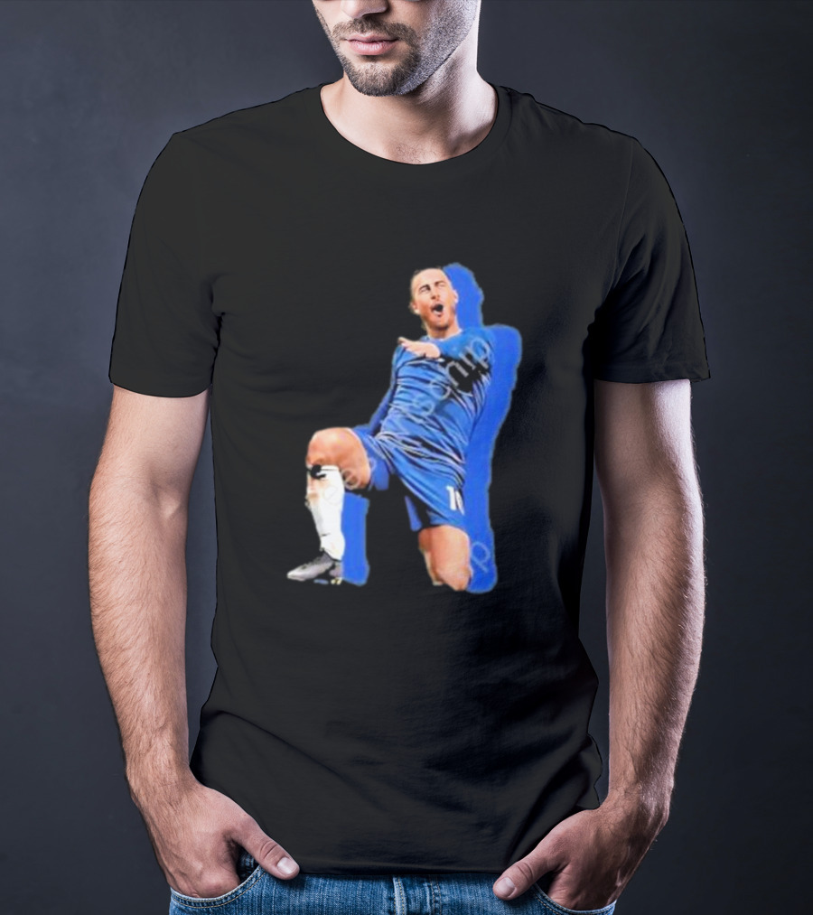 The By Line Show Garden Of Eden Celebration Pose Soccer Player In Blue Jersey T-Shirt