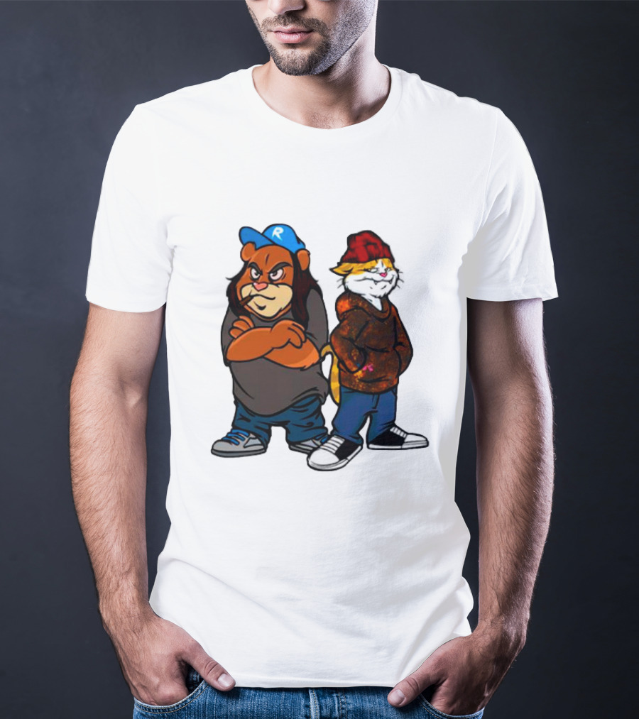 Phobik X Ratchet Cartoon Bear In Blue Cap And Cat In Red Beanie T-Shirt