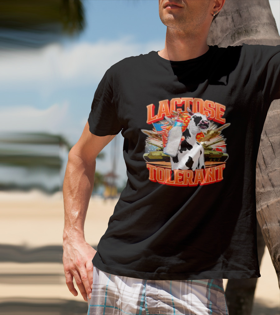 Lactose Tolerant Cow Holding Milk With Explosions And Tanks T-Shirt