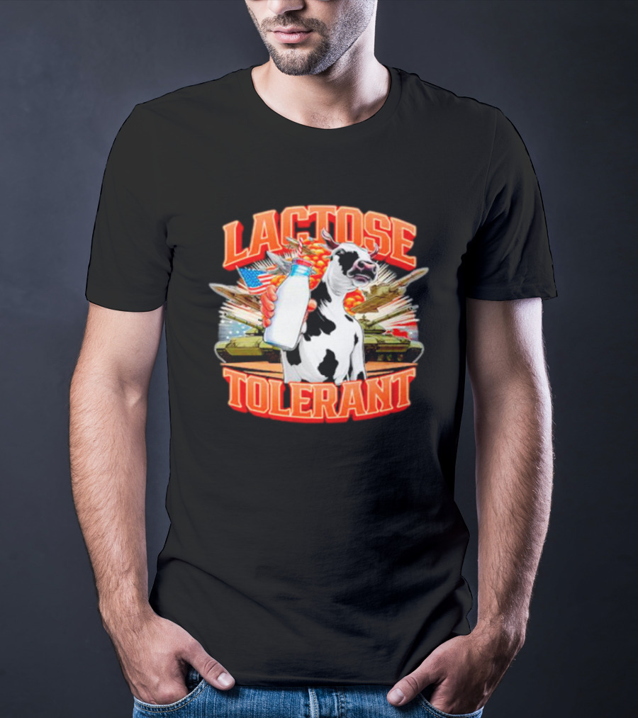 Lactose Tolerant Cow Holding Milk With Explosions And Tanks T-Shirt