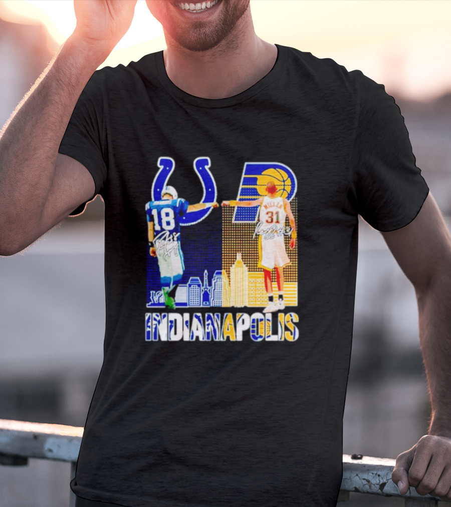 Indianapolis Colts Peyton Manning 18 Reggie Miller 31 Indiana Pacers Indianapolis Skyline T-Shirt