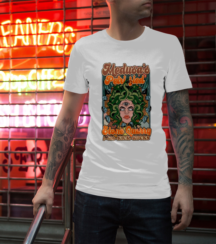 Medusa's Petrified Stone Quarry 1-866-Kick-Rocks Serpentine Gorgon Face With Third Eye And Stone Background T-Shirt