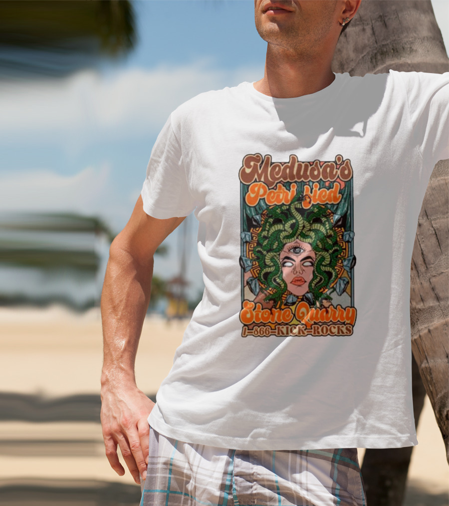 Medusa's Petrified Stone Quarry 1-866-Kick-Rocks Serpentine Gorgon Face With Third Eye And Stone Background T-Shirt
