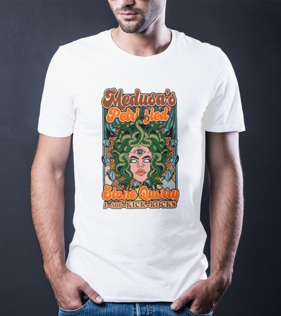 Medusa's Petrified Stone Quarry 1-866-Kick-Rocks Serpentine Gorgon Face With Third Eye And Stone Background T-Shirt