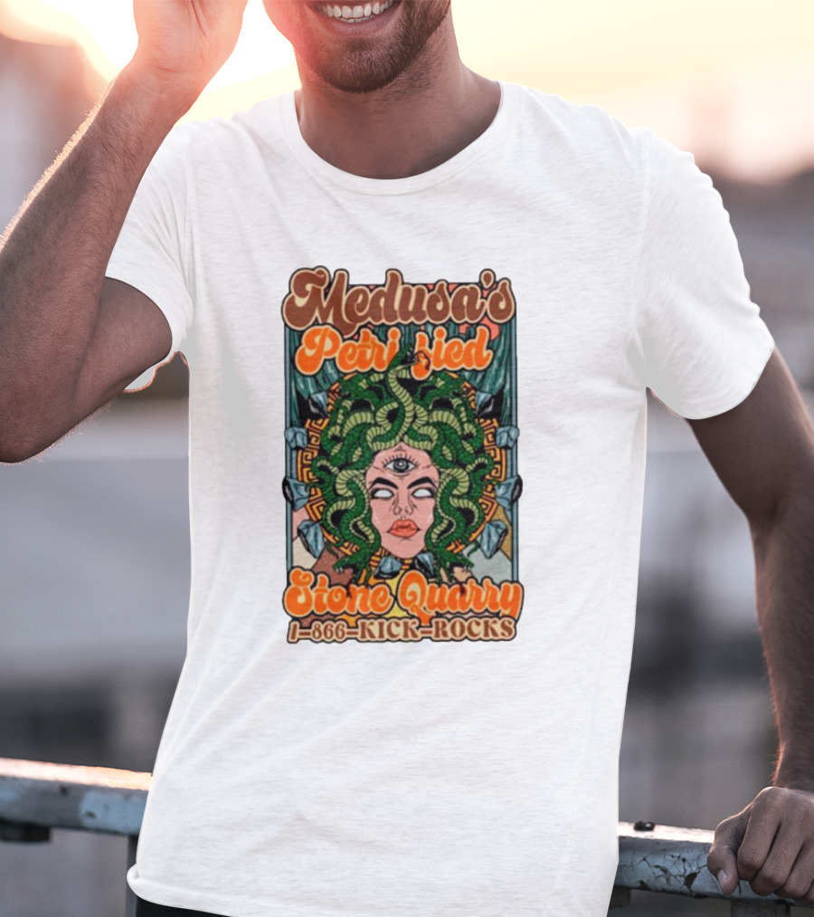 Medusa's Petrified Stone Quarry 1-866-Kick-Rocks Serpentine Gorgon Face With Third Eye And Stone Background T-Shirt