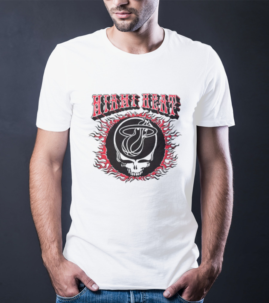 MiamI Heat Grateful Dead Skull Logo With Flaming Basketball T-Shirt