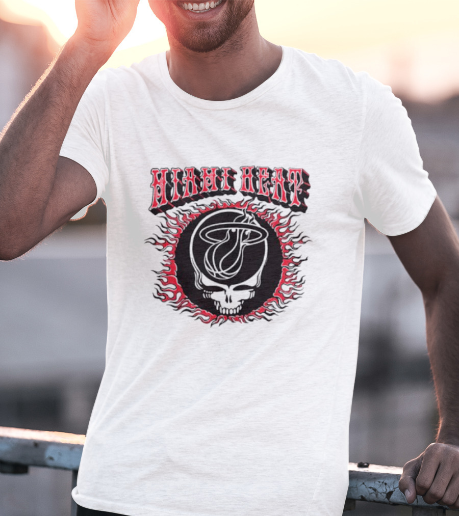 MiamI Heat Grateful Dead Skull Logo With Flaming Basketball T-Shirt