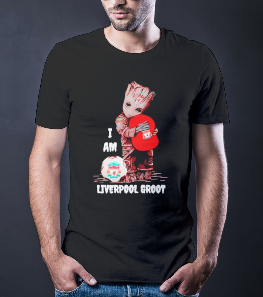 Groot I Am Liverpool FC Soccer Ball Hugging Tree Creature T-Shirt