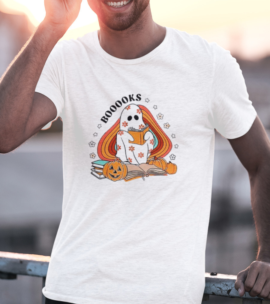 BOOOOKS Ghost Reading With Pumpkins And Flowers T-Shirt