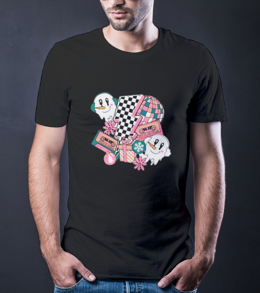 Christmas Lightning Bolt Snowman Retro Ghost Disco Cassette T-Shirt