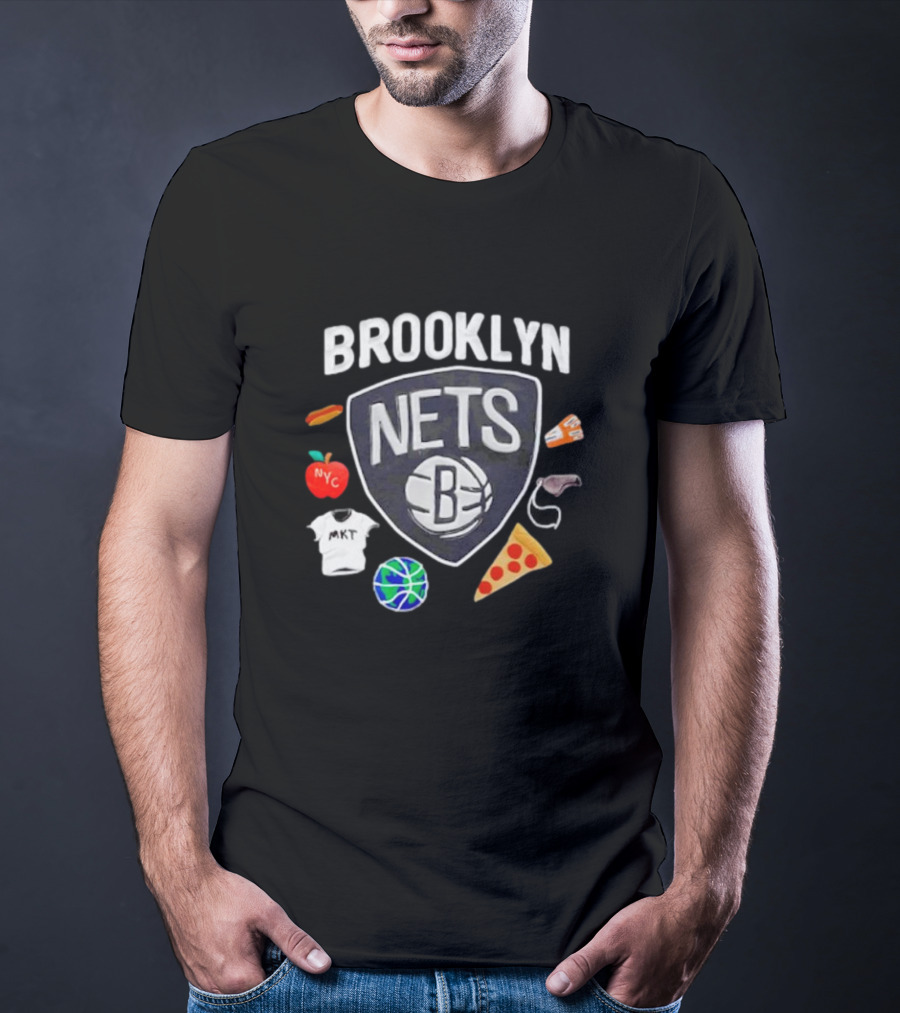 Brooklyn Nets NBA Claymation NYC Basketball Pizza Hot Dog Apple Icons T-Shirt