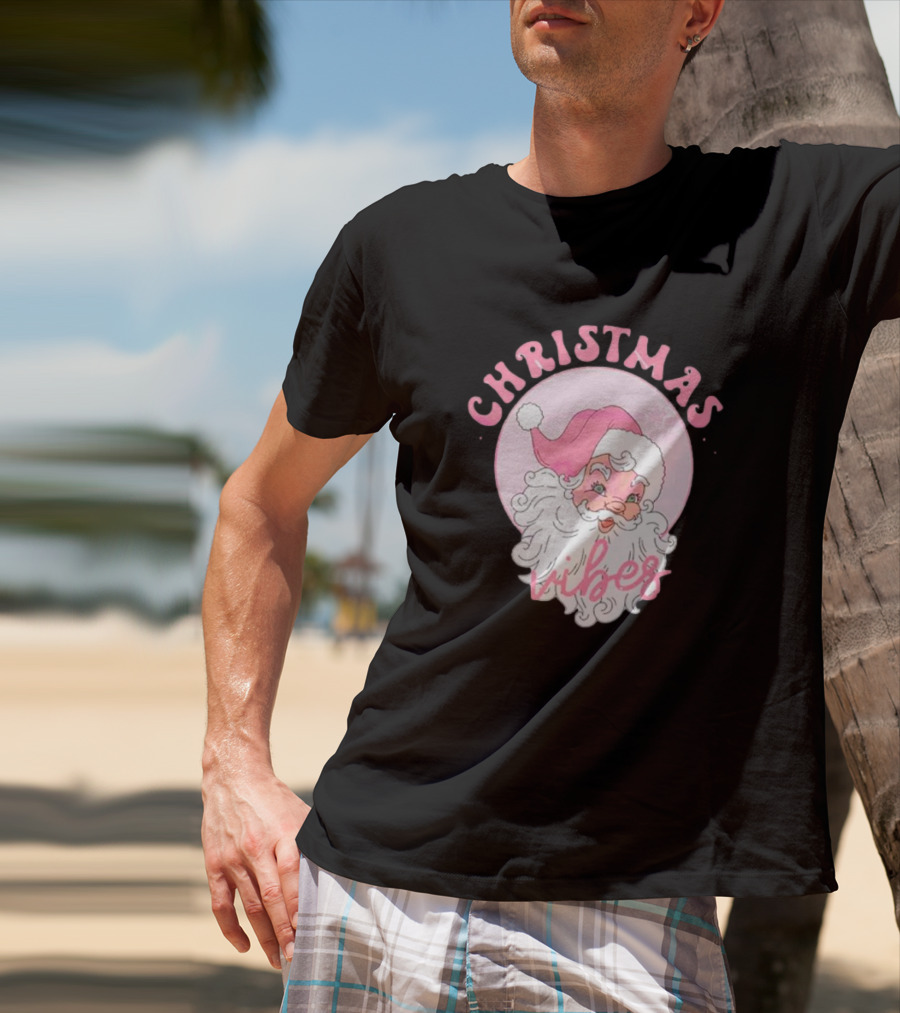 Christmas Vibes Santa Claus Pink Background T-Shirt