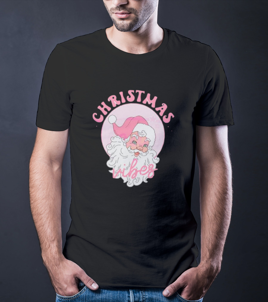 Christmas Vibes Santa Claus Pink Background T-Shirt