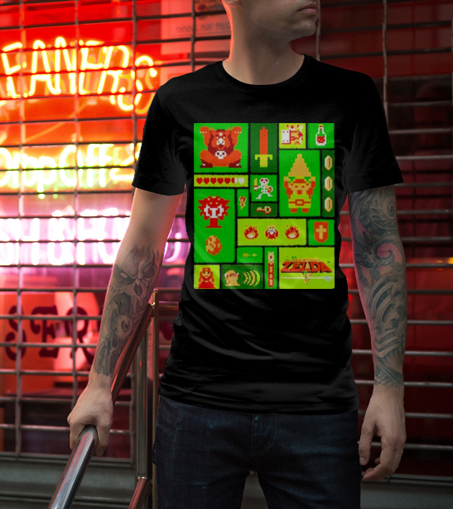 Legend Of Zelda Pixel Art Collage Retro Gaming Icons T-Shirt