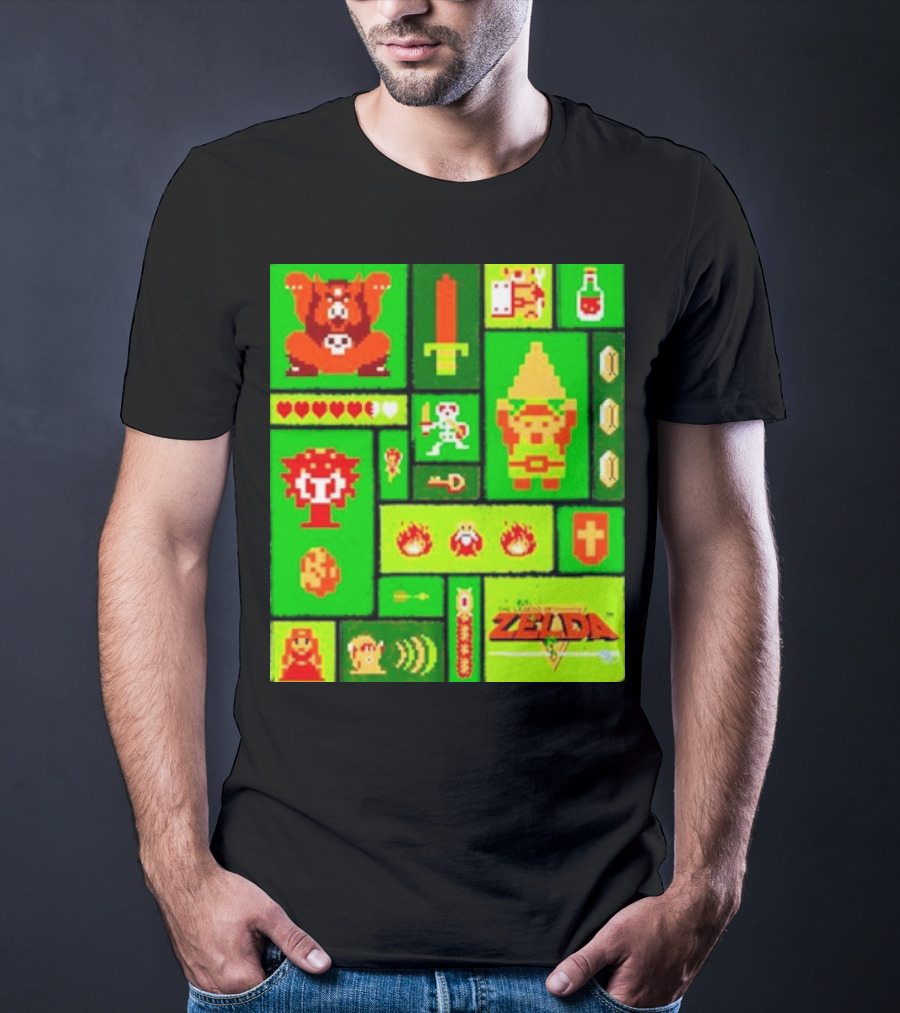 Legend Of Zelda Pixel Art Collage Retro Gaming Icons T-Shirt