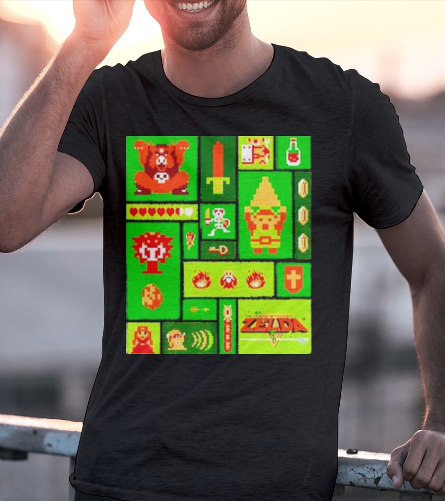 Legend Of Zelda Pixel Art Collage Retro Gaming Icons T-Shirt