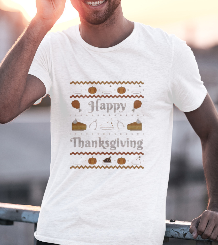 Happy Thanksgiving Pumpkin Pie Turkey Cross-Stitch T-Shirt