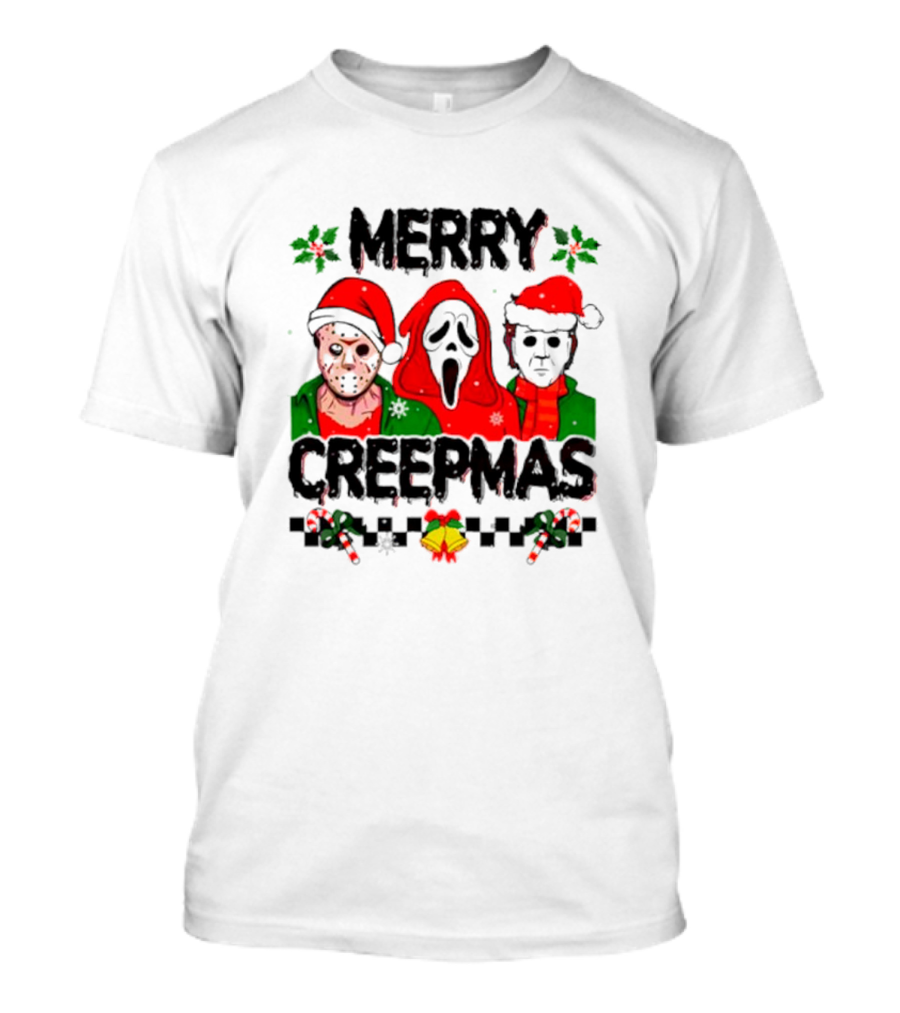 Merry Creepmas Horror Characters With Festive Scary Holiday T-Shirt