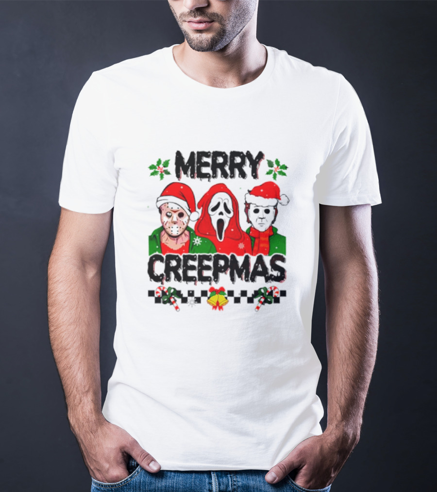 Merry Creepmas Horror Characters With Festive Scary Holiday T-Shirt