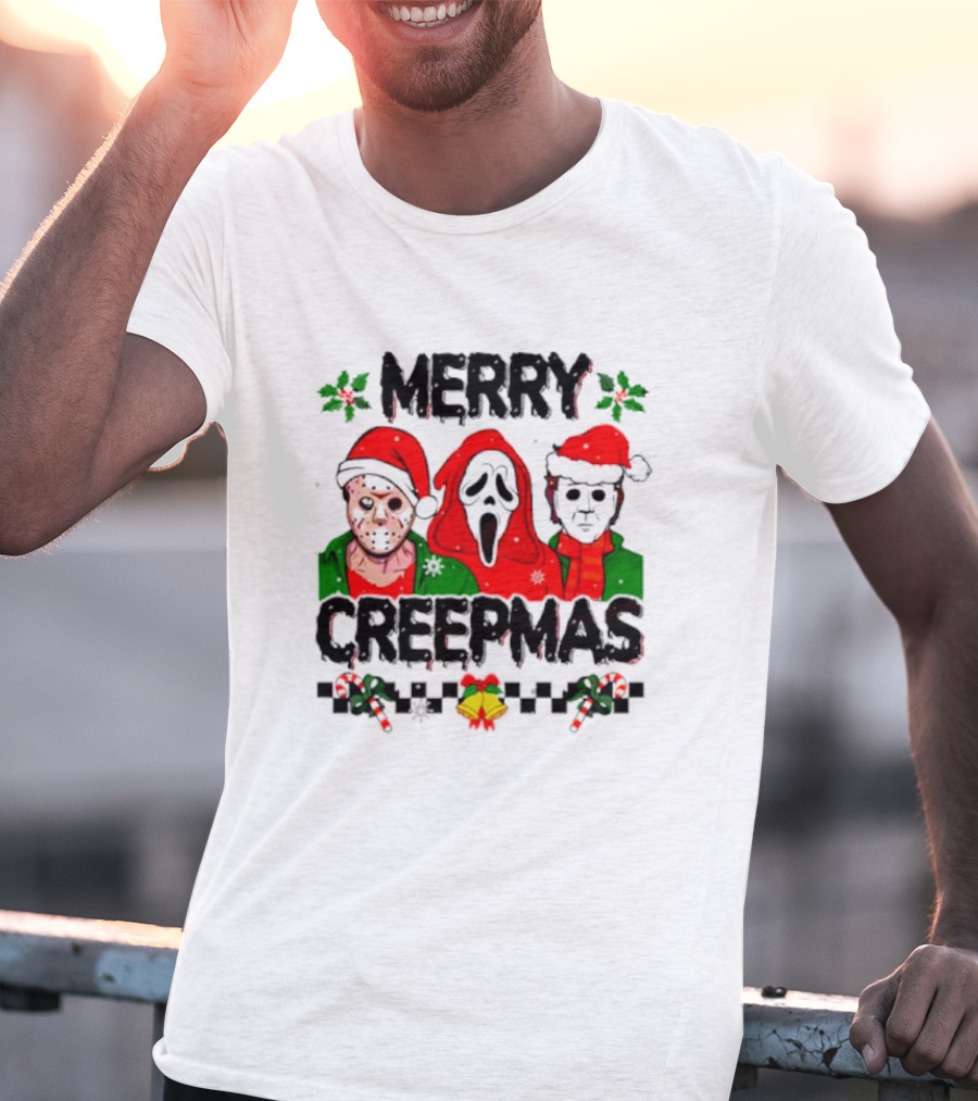 Merry Creepmas Horror Characters With Festive Scary Holiday T-Shirt