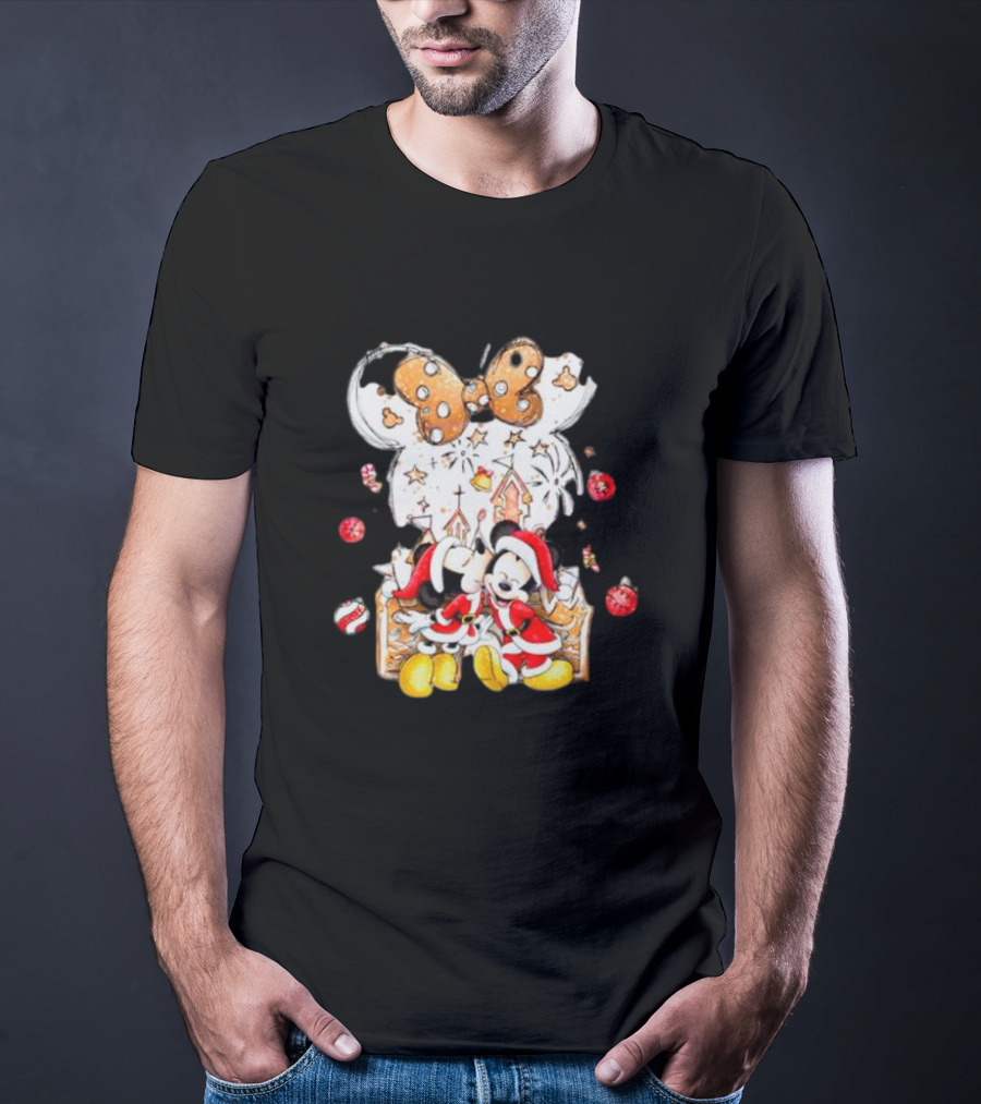 Mickey And Minnie Christmas Castle Gingerbread Mouse Ears Holiday Scene T-Shirt