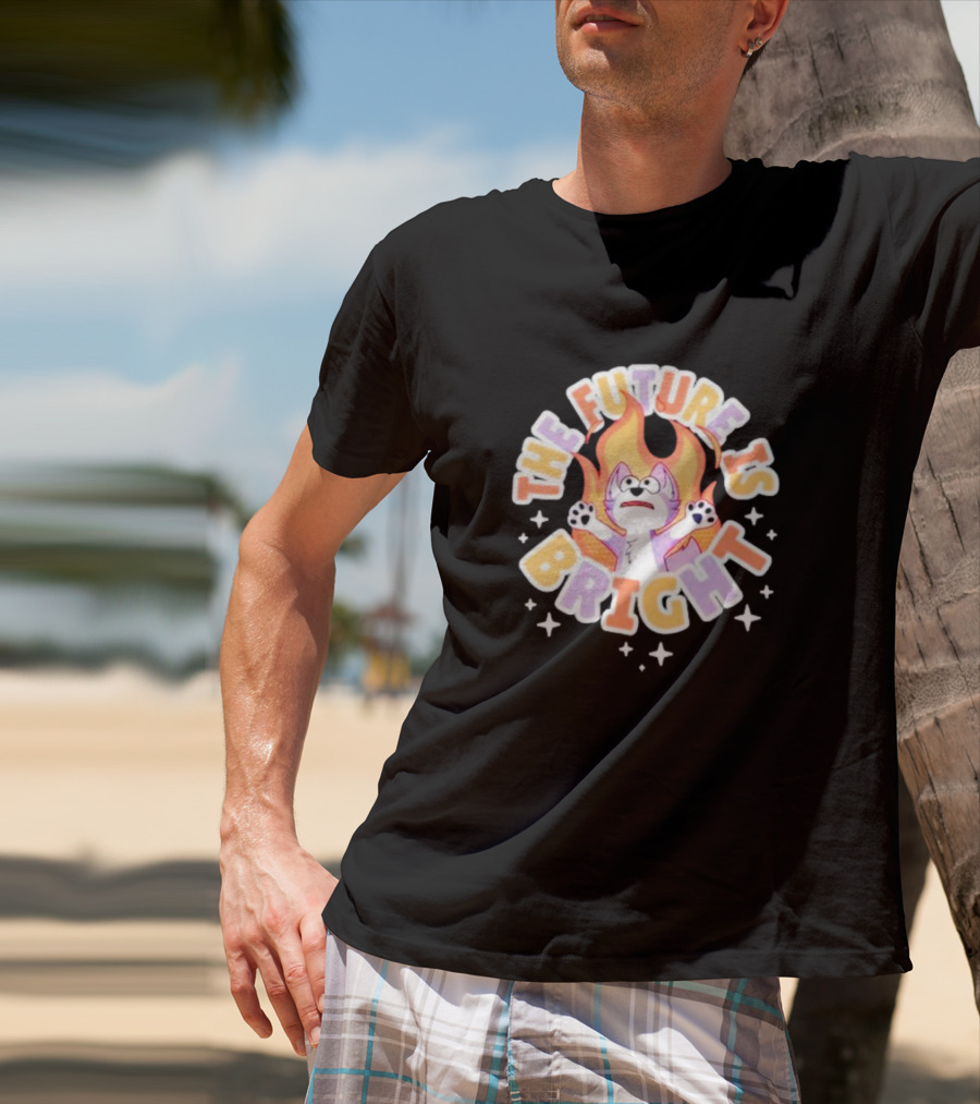 The Future Is Bright Flaming Cartoon Cat With Stars And Flames T-Shirt