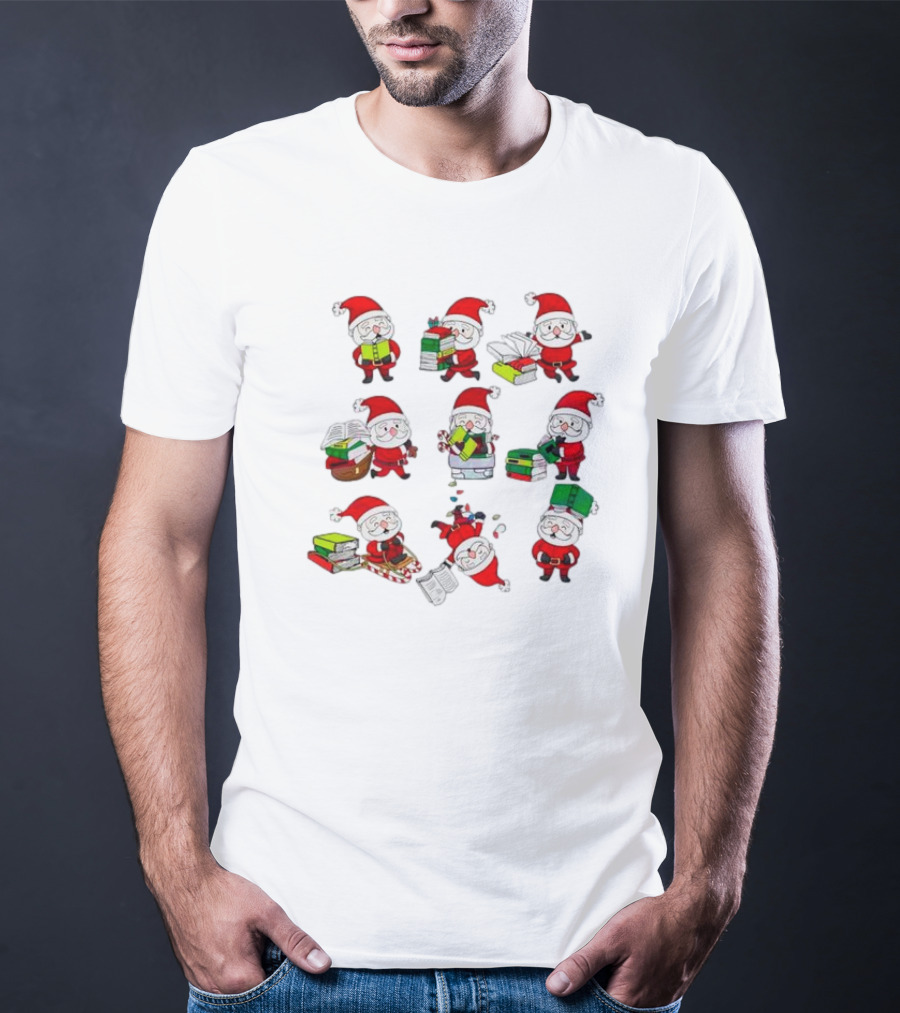 Funny Santa Claus Reading Books And Carrying Stacks In Various Poses T-Shirt