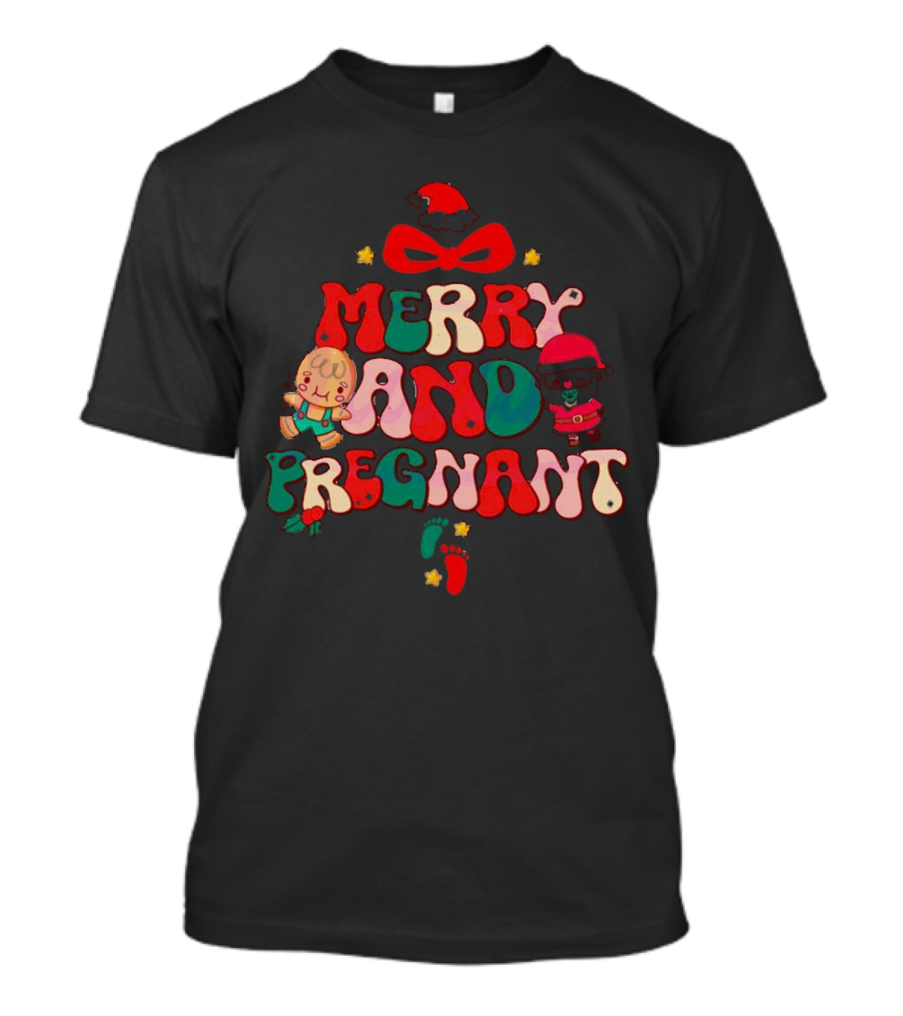 Merry And Pregnant Christmas Tree Baby Reveal With Santa Hat And Gingerbread People T-Shirt